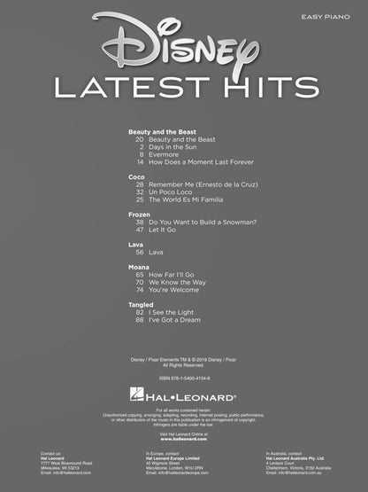 Disney Latest Hits, 15 Recent Disney Favorites - Easy Piano