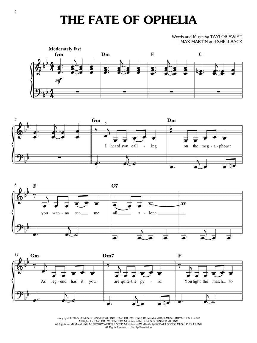 Taylor Swift - The Life of a Showgirl - Easy Piano