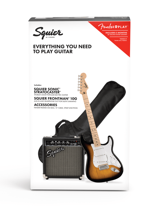 Squier Sonic Stratocaster Pack, Maple Fingerboard, 2-Color Sunburst, Gig Bag, 10G