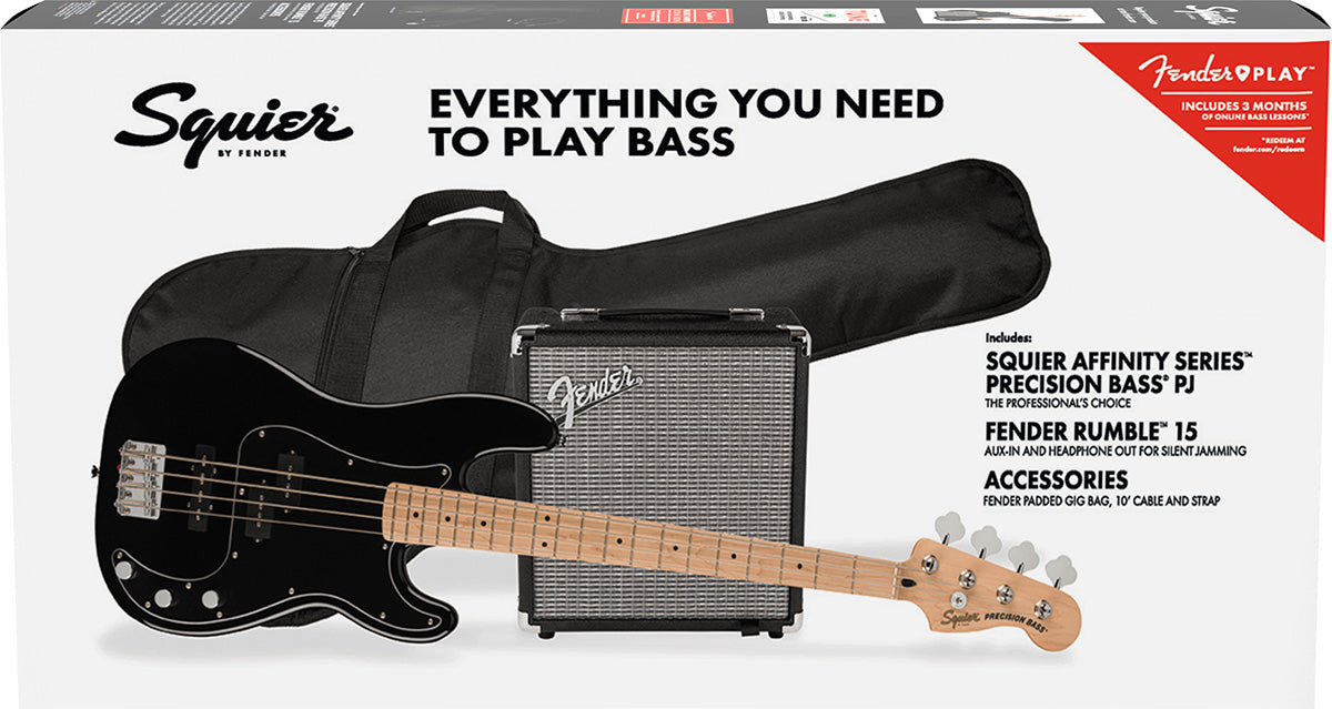 Fender  Affinity Series™ Precision Bass PJ Pack, Maple Fingerboard, Black, Gig Bag, Rumble 15