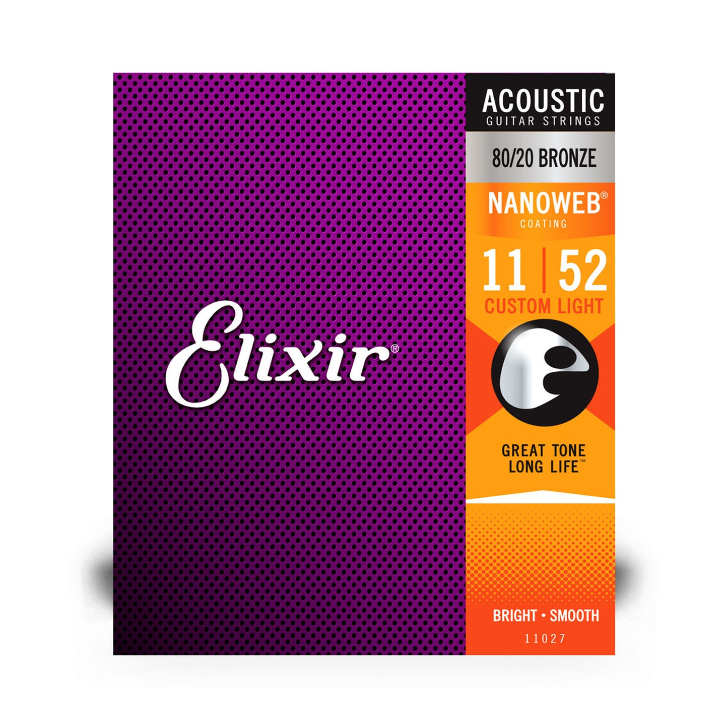 Elixir 11027 Nanoweb Coated 80/20 Bronze Acoustic Guitar Strings Custom Light 11-52