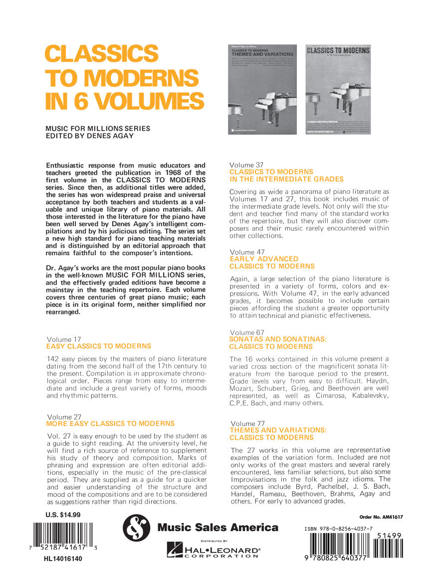 Intermediate Grades Classics to Moderns - Music For Millions Volume 37