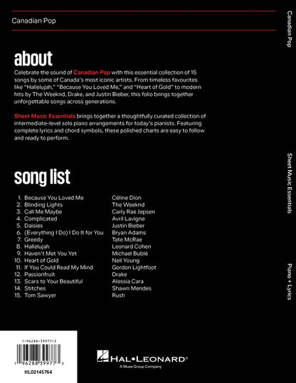 Canadian Pop - Sheet Music Essentials - Piano and Lyrics