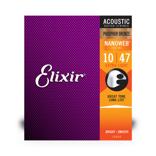 Elixir 16002 Phosphor Bronze Nanoweb Coated Acoustic Guitar Strings Extra Light 10-47