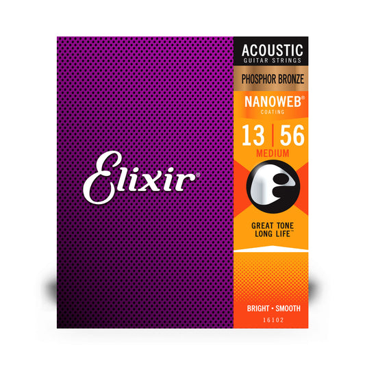 Elixir 16102 Phosphor Bronze Nanoweb Coated Acoustic Guitar Strings Medium 13-56