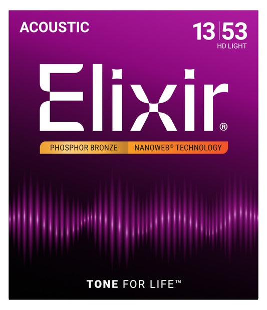 Elixir 16182 Phosphor Bronze Nanoweb Coated Acoustic Guitar Strings HD Light 13-53