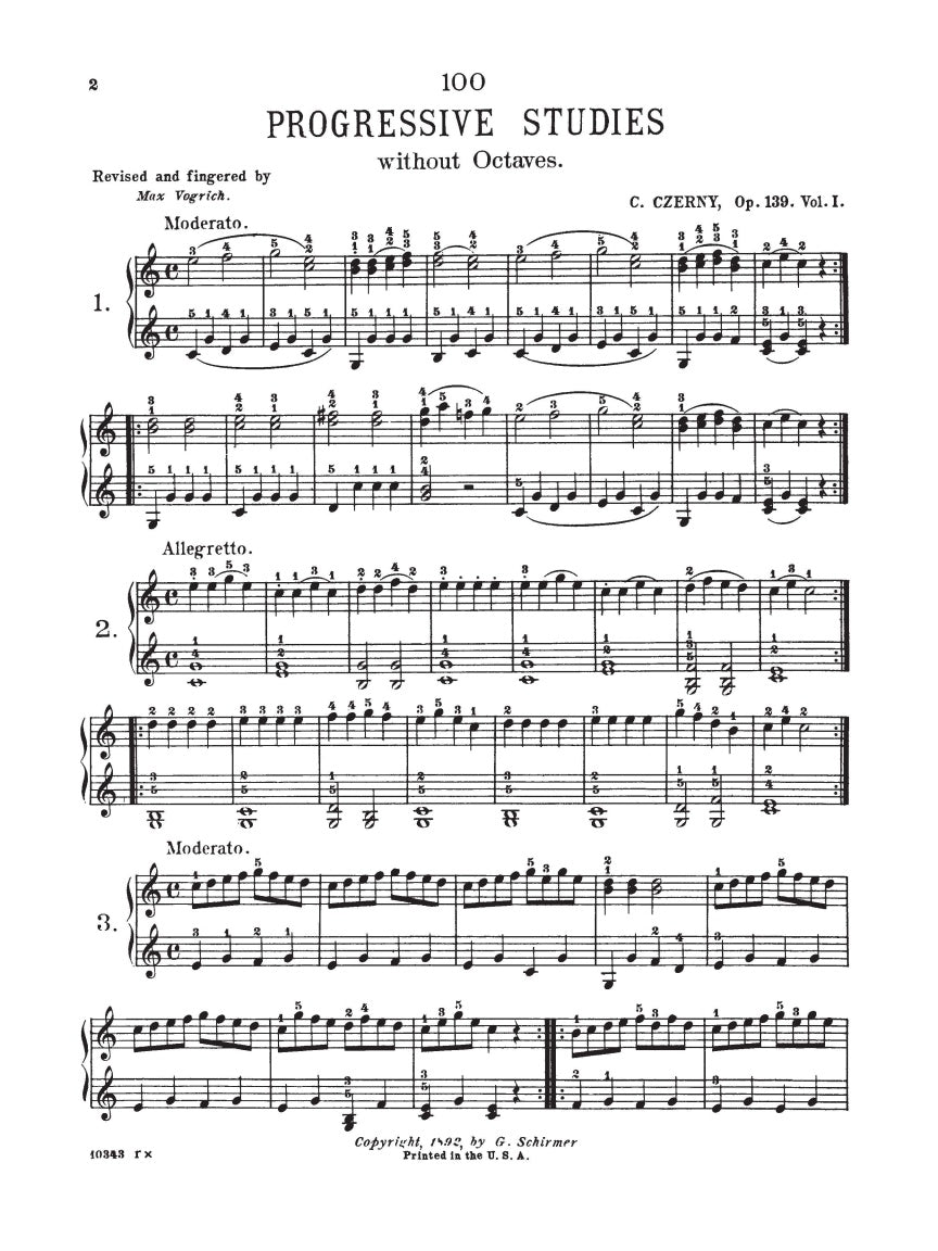 Czerny - 100 Progressive Studies without Octaves, Op. 139 - Schirmer