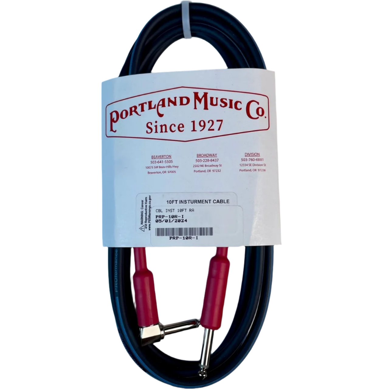 PMC 10' Instrument Cable 1/4" Straight To 1/4" Right Angle