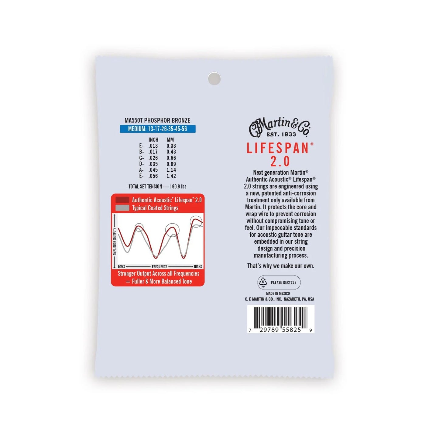 Martin MA550T Authentic Acoustic Lifespan® 2.0 Guitar Strings Phosphor Bronze, 13-56